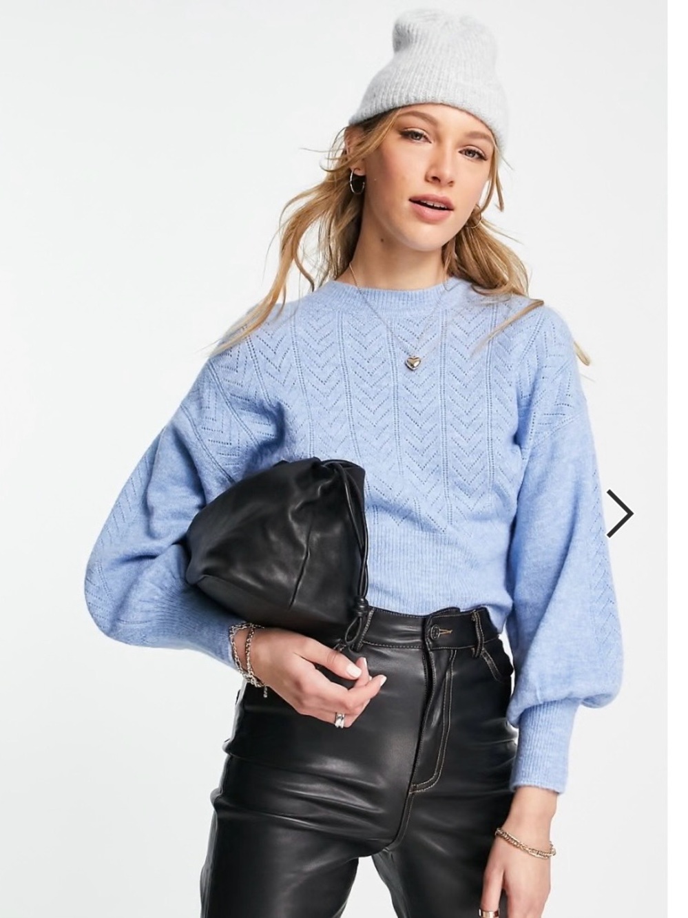 Topshop Womens Blue Pointelle Chevron Knit Cropped Balloon Sleeve Sweater XS
